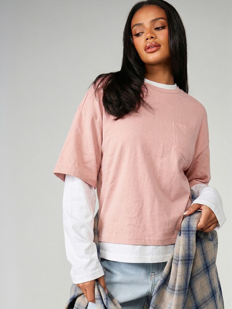 MISSGUIDED Women's Double Layered Oversized T-Shirt With Chest Pocket And Round Neck Short Sleeve Casual Top Fall Winter Layering Piece