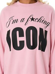 SUMWON WOMEN Women's Graphic Long Sleeve Tee With Bold ICON Text Print Casual Oversized Cotton Sweatshirt - Baby Pink - View 2