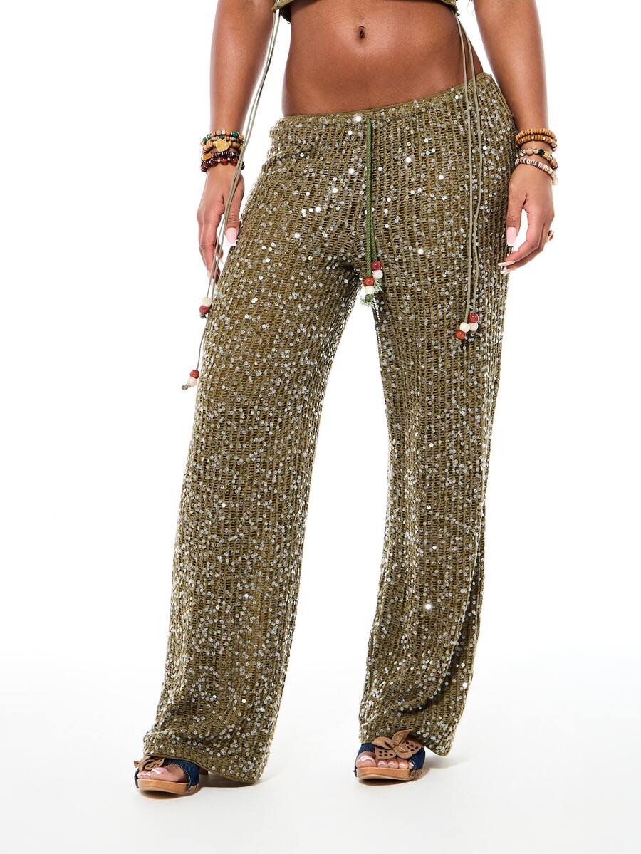 SUMWON WOMEN Women's High Rise Sequin Crochet Palazzo Wide Leg Loose Fit Trousers With Drawstring Waist For Evening Party Occasions - Army Green - View 1