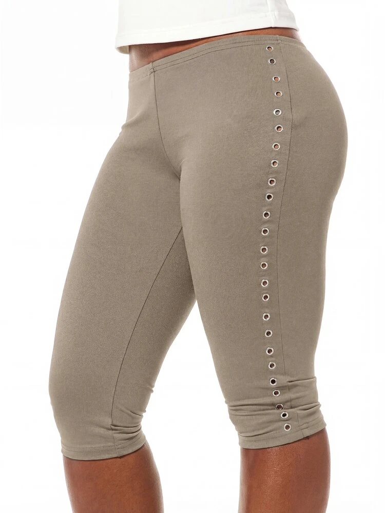 SUMWON WOMEN Women Capri Jersey Leggings With Side Eyelet Detail Casual Stretch Mid Rise Knee Length Bottoms