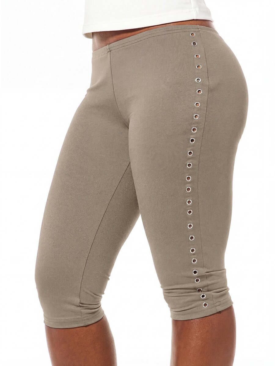 SUMWON WOMEN Leggings capri de mujer de jersey con detalle de ojal lateral, de estilo casual, de cintura media y longitud hasta la rodilla - Caqui - Ver 1