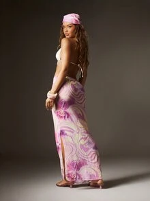 MISSGUIDED 女士沙滩罩衫长裙配同款印花头巾，夏季度假沙滩装 - 彩色 - 查看 3