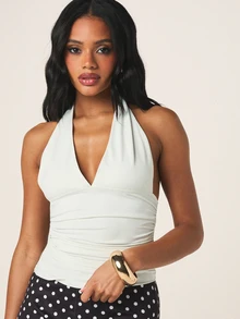 MISSGUIDED 女士不对称露背深V领褶皱侧系带无袖上衣夏季晚宴派对短款衬衫 - 白色 - 查看 5