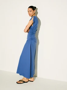 KSTM Women's Asymmetric Gathered Ruched Sleeveless Maxi Dress With Draped Silhouette And Side Slit Detail For Summer Evening Occasions - Blue - View 1