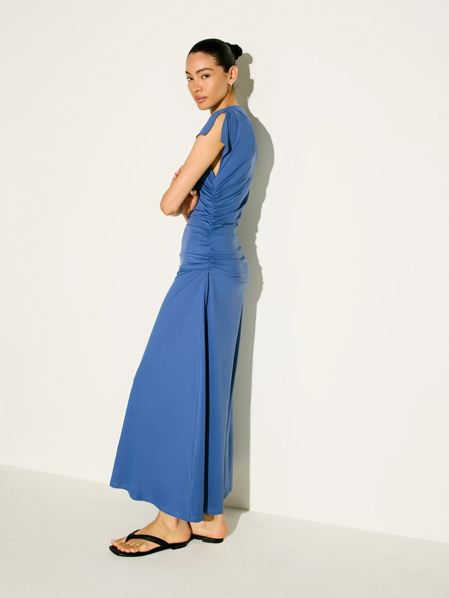KSTM Women's Asymmetric Gathered Ruched Sleeveless Maxi Dress With Draped Silhouette And Side Slit Detail For Summer Evening Occasions - Blue - View 1
