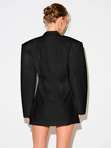 KIZN Gaun Mini Blazer Lengan Balon dengan Detail Kancing, Leher V Dalam, Bahu Tegas, Terstruktur, Rapi, Cocok untuk Kantor, Acara Malam, Formal, Gaun Hitam Ukuran Besar yang Menarik Perhatian - Hitam - View 3