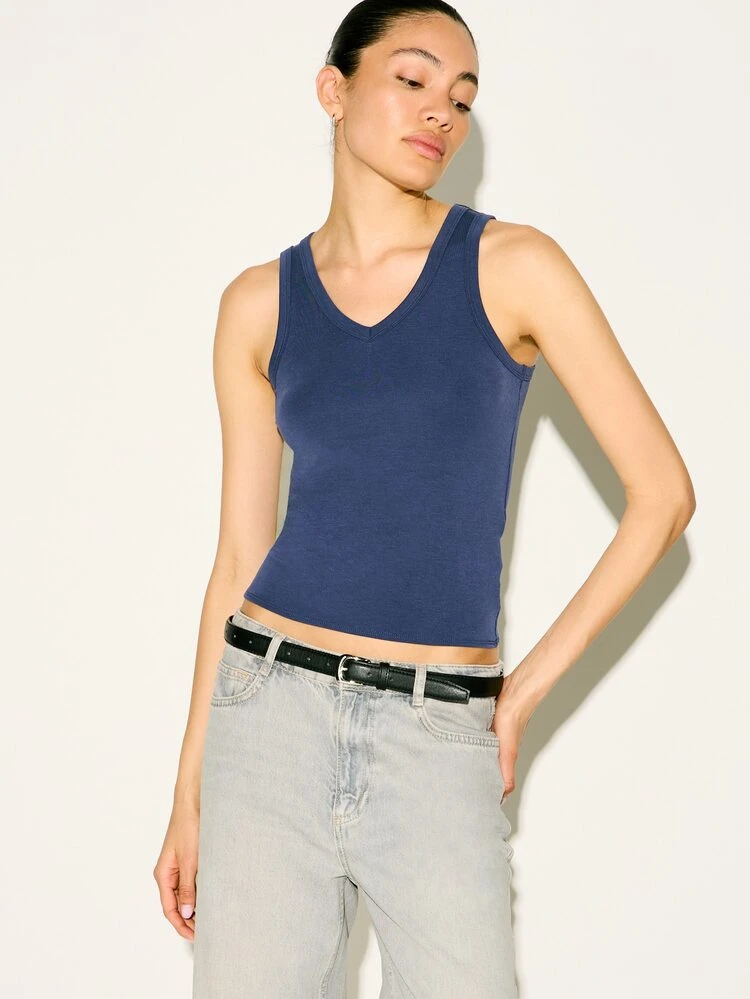 KSTM Women's Navy Ribbed V-Neck Tank Top Sleeveless Fitted Casual Summer Basic Tee