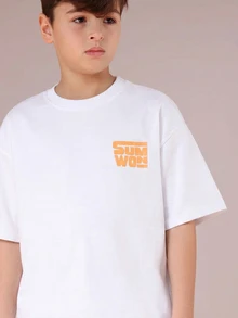 SUMWON Tween Boys Summer Graphic Tee And Shorts Coordinate Set With Palm Tree Print And Orange Logo Details - White - View 5