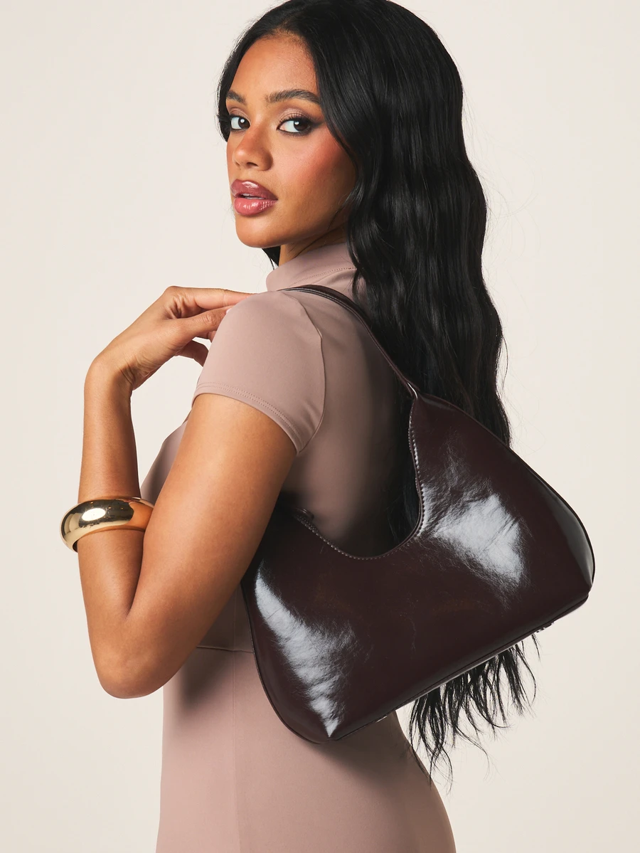 MISSGUIDED Túi đeo vai kiểu Hobo bằng da bóng mượt với bề mặt nhẵn mịn và kiểu dáng cong thanh lịch, phù hợp cho phong cách thường ngày và nhiều dịp khác nhau. - Cà phê - Xem 1