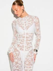 KIZN Lace Long Sleeve Ruched Bodycon Maxi Dress With See Through Design For Date Night Club Night Party Wedding Guest Event White Floral Autumn Sexy - White - View 6