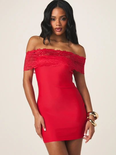 MISSGUIDED Đầm mini ôm sát màu đỏ trễ vai viền ren dành cho nữ, thích hợp cho tiệc tùng và buổi tối.