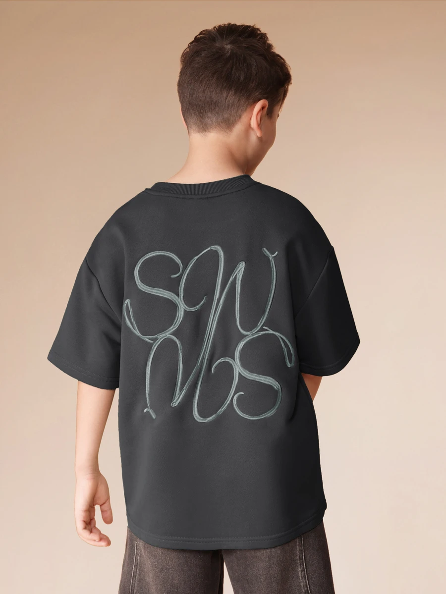 SUMWON 男童印花Logo T恤 休闲街头风短袖圆领T恤 夏季日常青少年时尚 - 黑色 - 查看 1