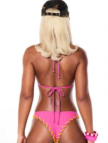 SUMWON WOMEN Set Bikini Segitiga Bertali Warna Pink Cerah dengan Kontras Kuning, Pakaian Renang Pantai Musim Panas, Model Halter Neck Dua Potong - Berwarna merah muda - View 3
