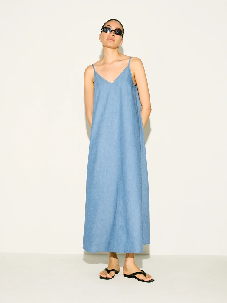 KSTM Women's Light Blue V-Neck Sleeveless Cami Strap Denim Effect Maxi Dress Casual Summer Beach Vacation Long Dress