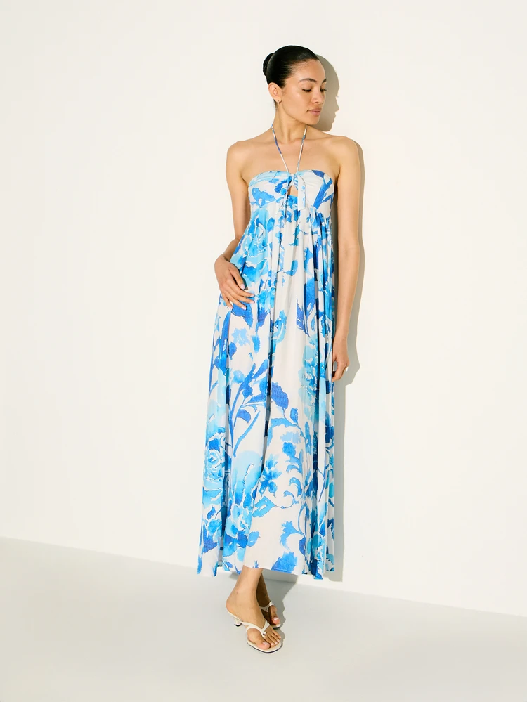 KSTM 여성용 블루 플로럴 프린트 홀터 넥 맥시 드레스 여름 해변 휴가 스트랩리스 롱 드레스 파티 이브닝 웨딩 게스트 플로잉 보헤미안 선드레스