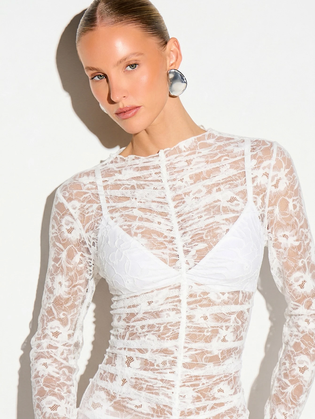 KIZN Lace Long Sleeve Ruched Maxi Dress