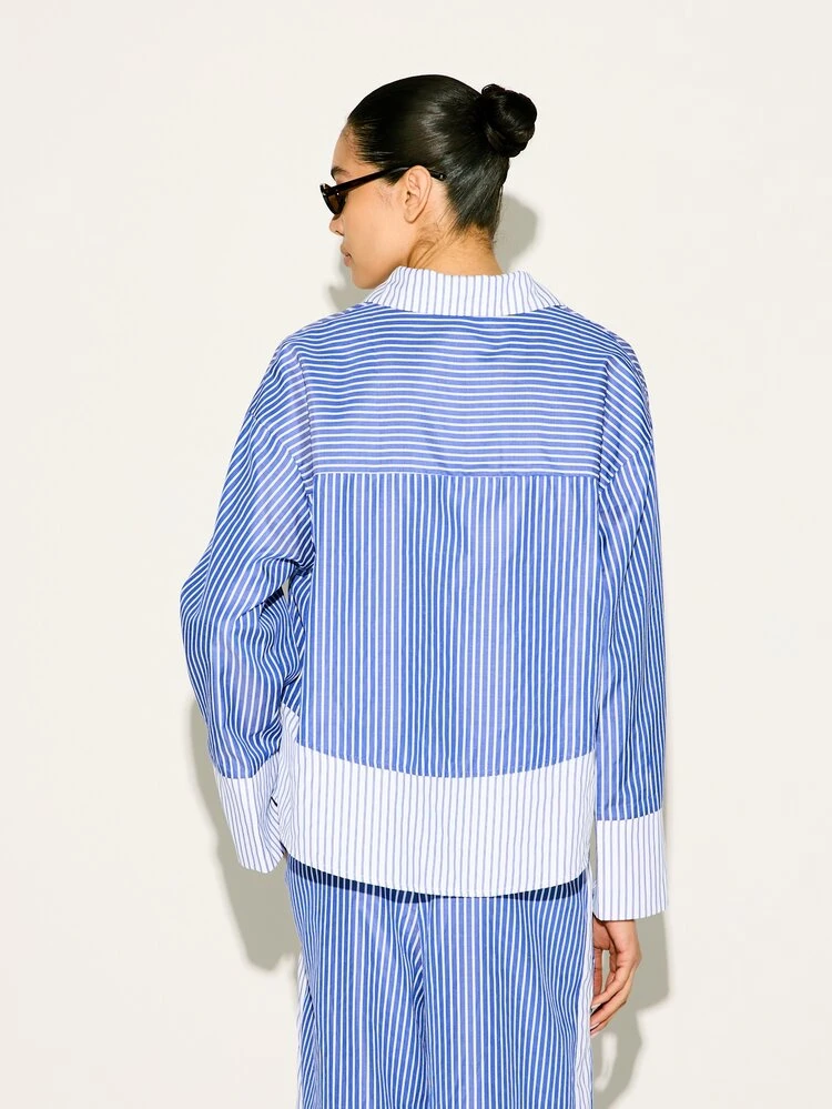 KSTM Women's Blue White Striped Button Down Long Sleeve Collared Shirt Professional Contrast Colorblock Office Blouse