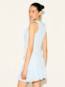 KSTM Vestido mini con cuello en V con volantes, sin mangas, con ribete de encaje y silueta entallada y acampanada para ocasiones de fiesta casual - Azul - Ver 2