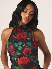 MISSGUIDED 露背吊带修身玫瑰印花迷你连衣裙，适合晚宴派对，无袖夏季款 - 彩色 - 查看 4