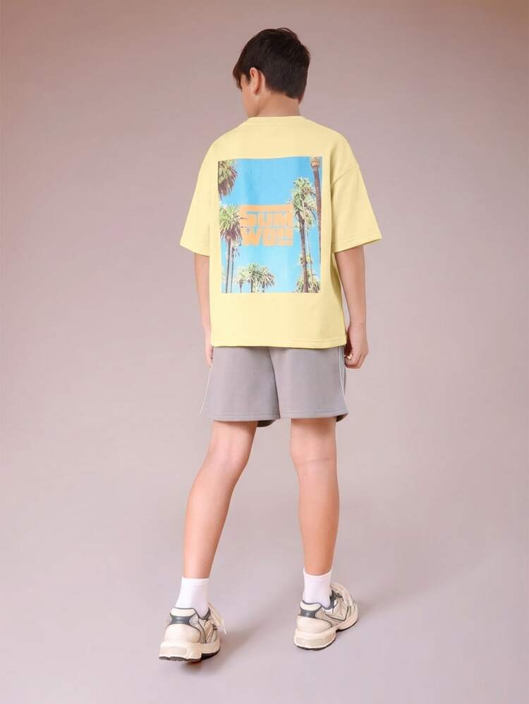 Boys Summer Tee And Shorts Set With Palm Tree Print Yellow Casual Coordinate Outfit For Tweens