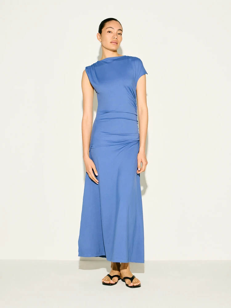 KSTM Women's Asymmetric Gathered Ruched Sleeveless Maxi Dress With Draped Silhouette And Side Slit Detail For Summer Evening Occasions