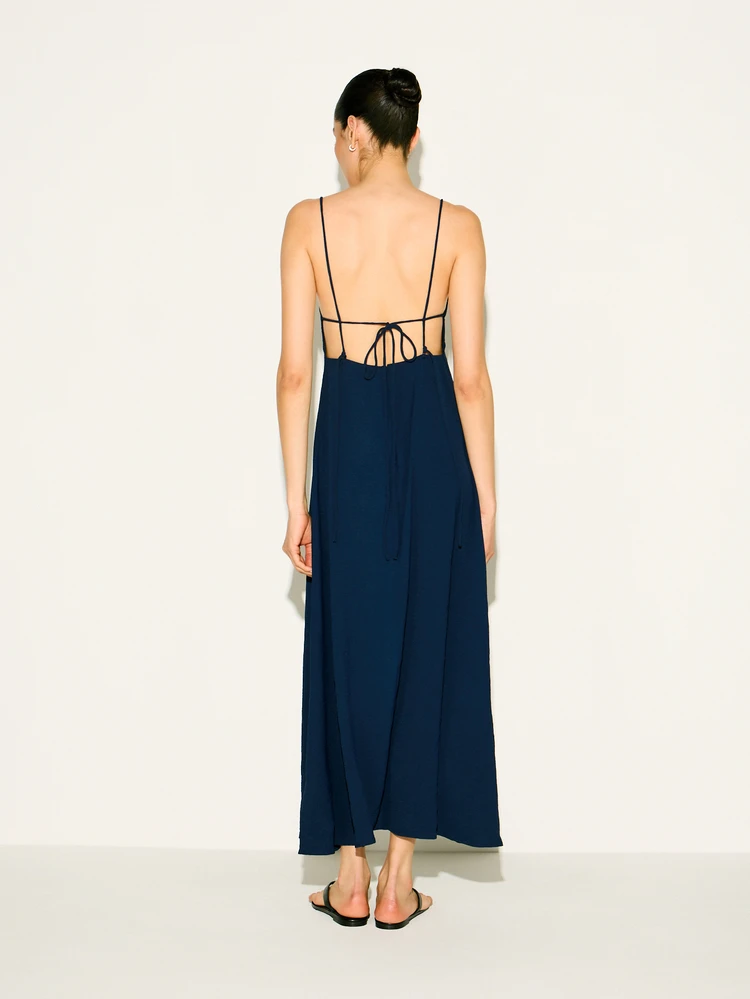 KSTM Women's Navy Cami Strap Maxi Dress With Lace-Up Back Detail Sleeveless Floor Length Summer Evening Dress