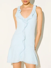 KSTM Vestido mini con cuello en V con volantes, sin mangas, con ribete de encaje y silueta entallada y acampanada para ocasiones de fiesta casual - Azul - Ver 4