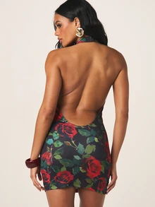 MISSGUIDED 露背吊带修身玫瑰印花迷你连衣裙，适合晚宴派对，无袖夏季款 - 彩色 - 查看 2
