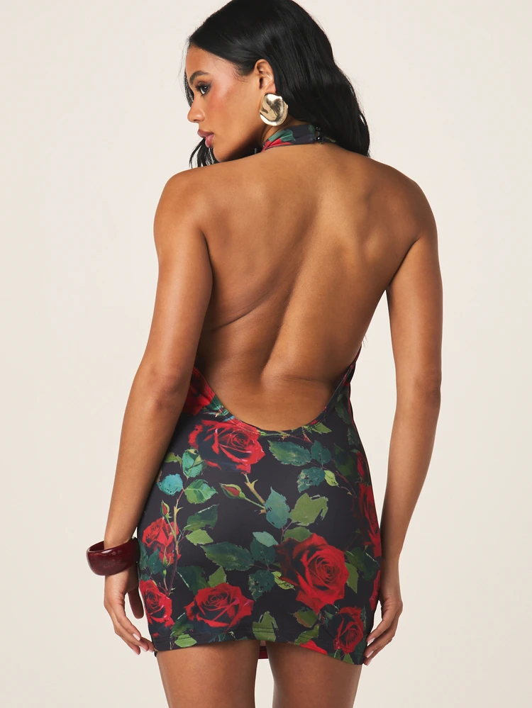 MISSGUIDED Körperbetontes Minikleid mit Rückenausschnitt, Neckholder, Blume Muster, für Abendpartys, ärmelos, Sommer