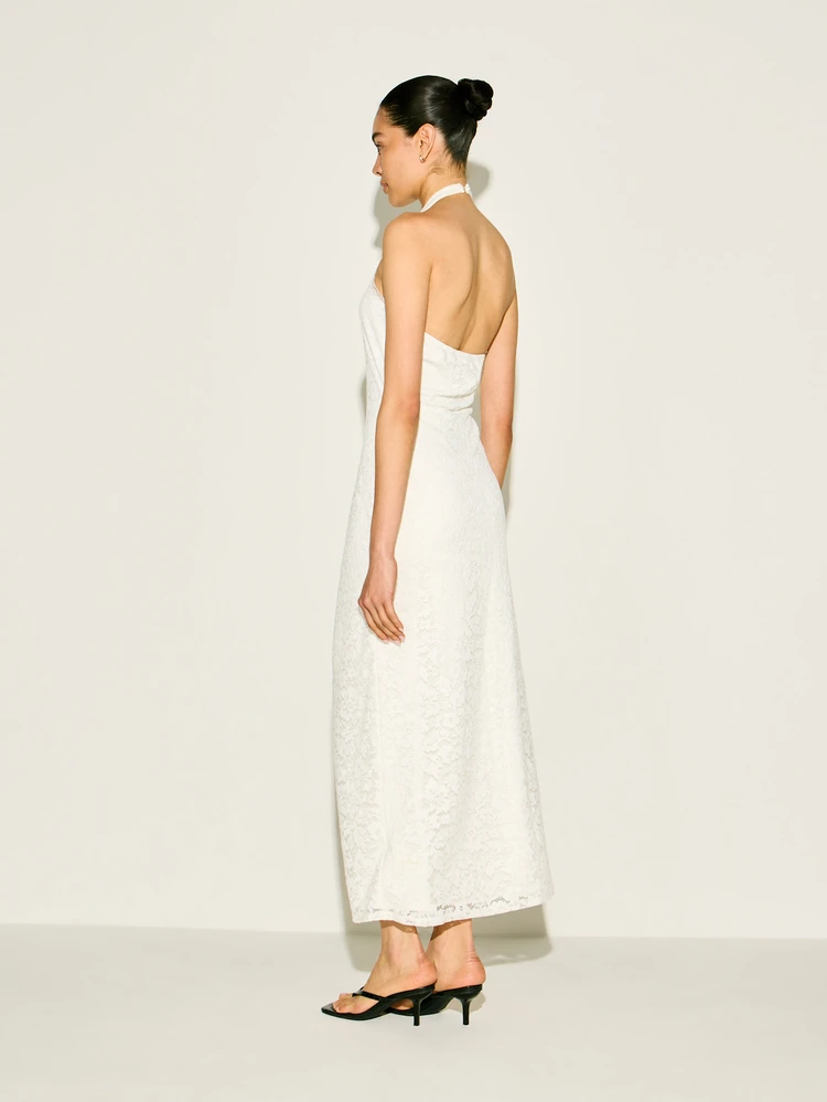 KSTM Damen Weiß Spitze Neckholder Ärmellos Maxikleid mit aufwendigem Guipure Muster für Hochzeitsgäste, Abendveranstaltungen und formelle Anlässe