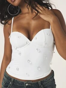 MISSGUIDED Women's White Cupped Bustier Cami Top With Crystal Pearl Embellishments Spaghetti Strap Tank For Summer Evening Party Date Night - White - View 5