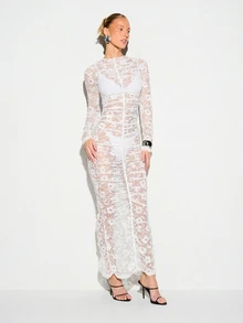 KIZN Lace Long Sleeve Ruched Bodycon Maxi Dress With See Through Design For Date Night Club Night Party Wedding Guest Event White Floral Autumn Sexy - White - View 4