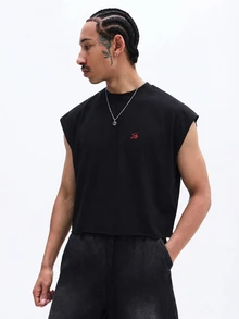 SUMWON 男士街头风印花无袖背心，夏季都市休闲风 - 黑色 - 查看 4
