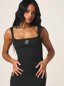 MISSGUIDED 女士刺绣罗纹吊带长款连衣裙，无袖方领修身及地晚宴派对正式礼服 - 黑色 - 查看 4