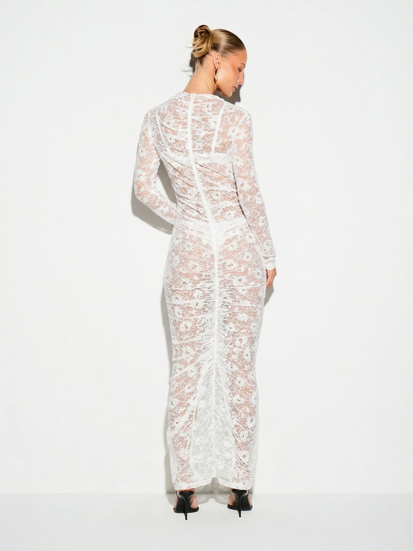 KIZN Lace Long Sleeve Ruched Maxi Dress