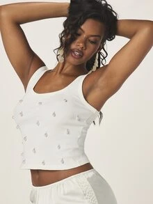 MISSGUIDED Áo tank top nữ màu trắng gân nổi, không tay, cổ tròn, đính hạt ngọc trai, thời trang mùa hè, áo hai dây cơ bản để mặc lót bên trong. - trắng - Xem 1
