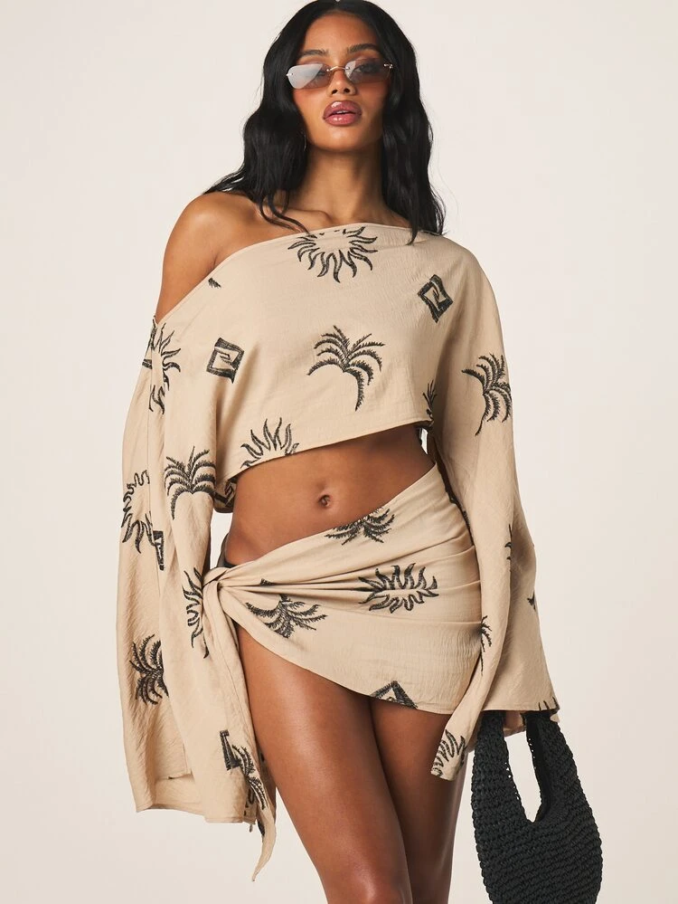 MISSGUIDED Off Shoulder Long Sleeve Crop Top And Tie Front Mini Skirt Co Ord Set With Tropical Palm Leaf Embroidery Pattern Boho Beach Vacation Outfit