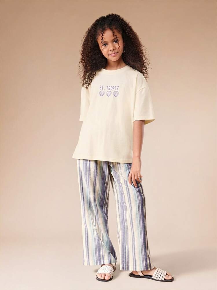 Oversized Girls Tween Seashell Print Graphic Tee Shirt And Striped Wide Leg Pants Beach Resort Vacation Summer Outfit Set