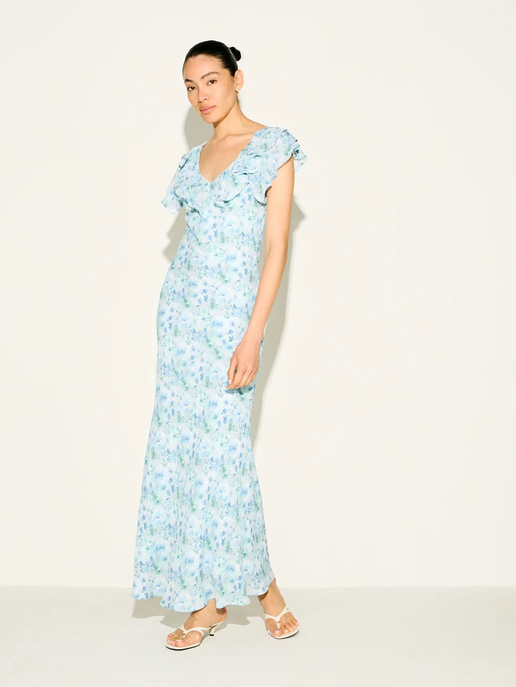 KSTM Women Floral Ruffle V-Neck Sleeveless Maxi Dress Spring Summer Elegant Chiffon Floor Length Wrap Style Wedding Guest Occasion Dress