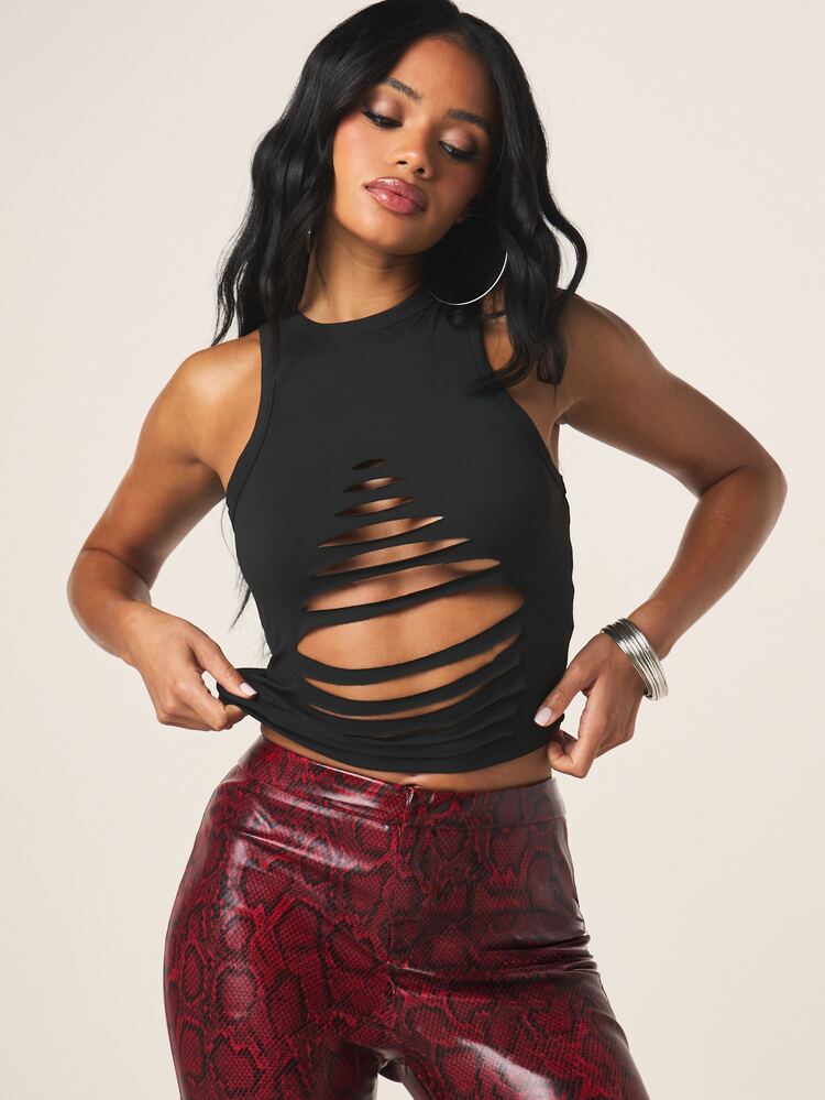 MISSGUIDED Débardeur femme sans manches avec découpes et détails de fente horizontale à l'avant, noir, style décontracté d'été, coupe racerback
