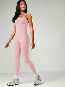 MISSGUIDED 女士运动套装，两件套，褶皱背心和高腰紧身裤，健身运动服 - 粉色 - 查看 5