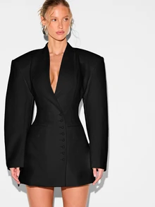 KIZN Gaun Mini Blazer Lengan Balon dengan Detail Kancing, Leher V Dalam, Bahu Tegas, Terstruktur, Rapi, Cocok untuk Kantor, Acara Malam, Formal, Gaun Hitam Ukuran Besar yang Menarik Perhatian - Hitam - View 2
