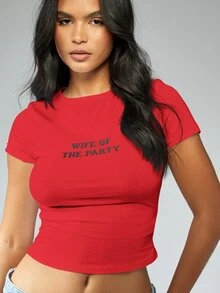 MISSGUIDED 派对女王红色短袖露脐棉质新娘单身派对标语T恤 - 紅色 - 查看 5