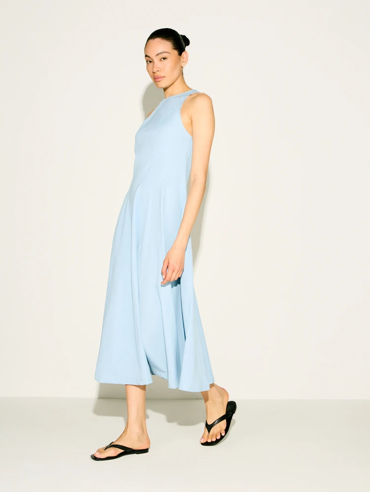 KSTM Women's Light Blue Sleeveless Midi Dress With High Neckline And A-Line Silhouette Perfect For Summer Casual Day Wear