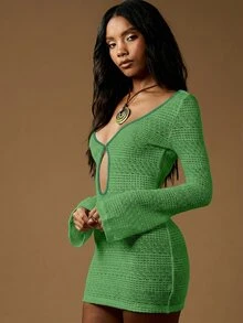 MISSGUIDED Women's Keyhole Cutout Long Sleeve Bodycon Knit Mini Dress V-Neck Fall Winter Party Outfit - Dark Green - View 3