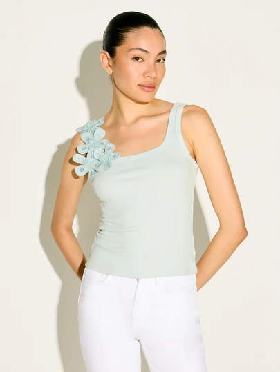 KSTM Sage Green Knit Tank Top With Delicate Floral Applique Detail Square Neckline Sleeveless Summer Fashion