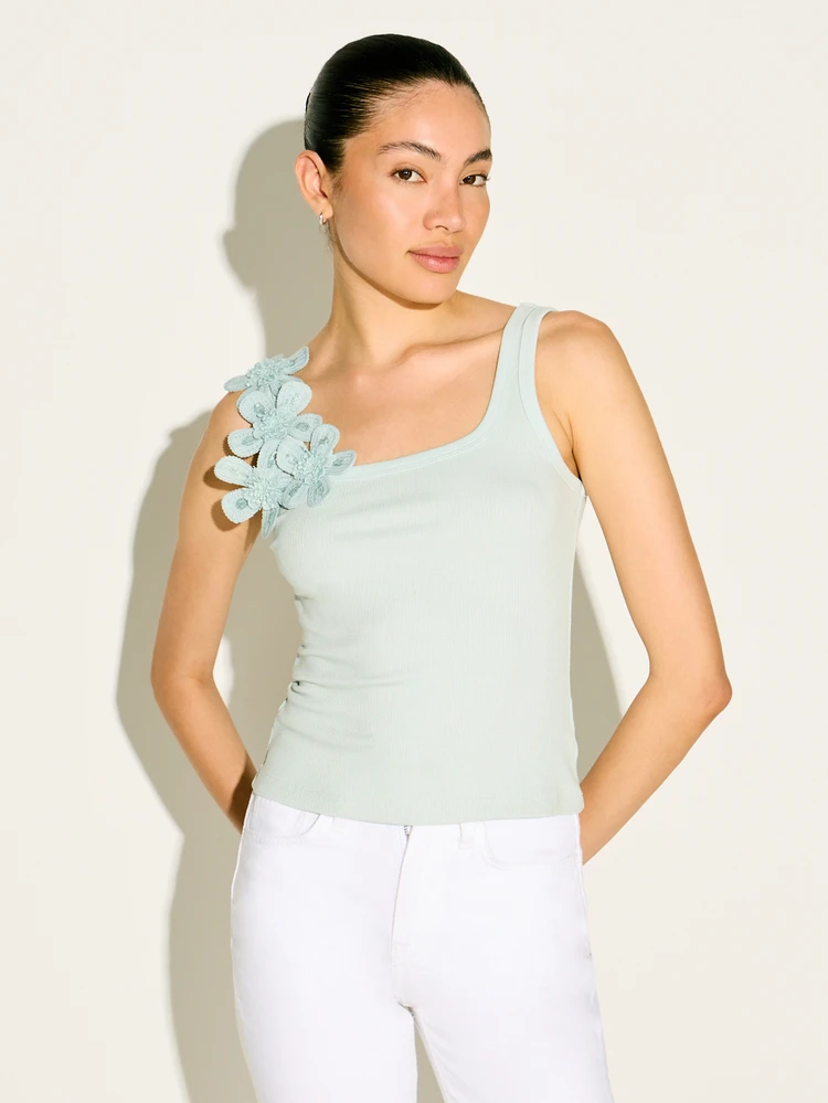 KSTM Sage Green Knit Tank Top With Delicate Floral Applique Detail Square Neckline Sleeveless Summer Fashion