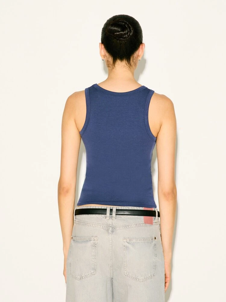 KSTM Women's Navy Ribbed V-Neck Tank Top Sleeveless Fitted Casual Summer Basic Tee