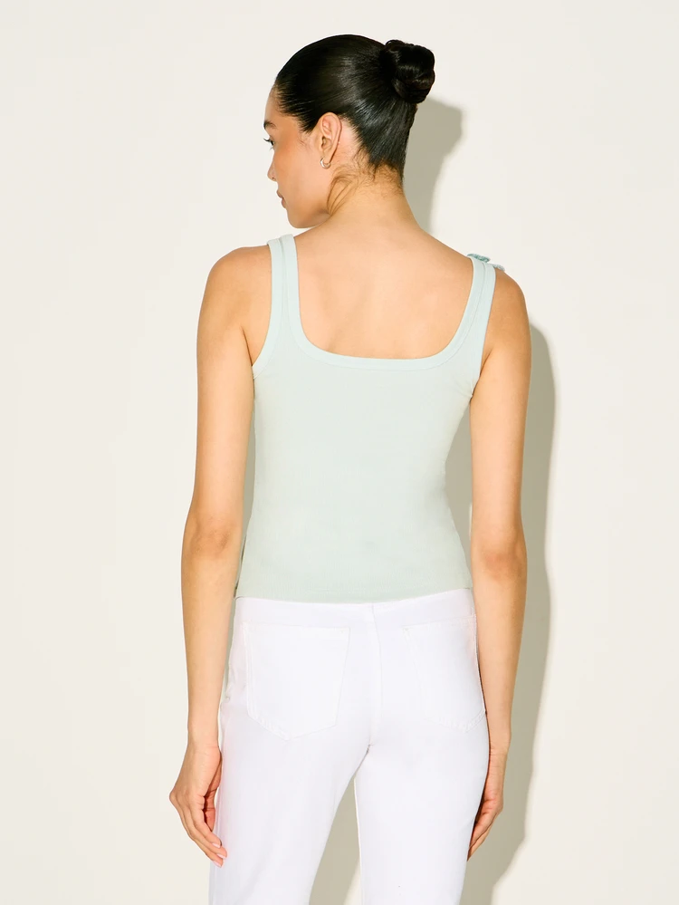 KSTM Sage Green Knit Tank Top With Delicate Floral Applique Detail Square Neckline Sleeveless Summer Fashion