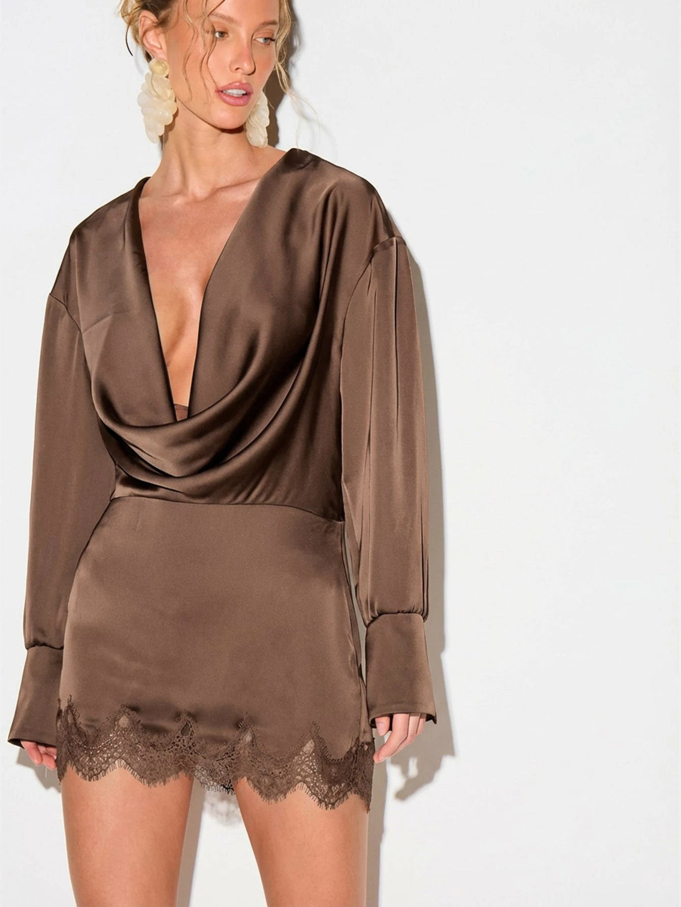 KIZN Satin Cowl Neck Mini Dress With Lace Trim